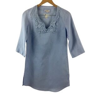 Malvin 100% Linen 3/4 Sleeves Tunic Top Sz M Blue Embroidered Minimalist